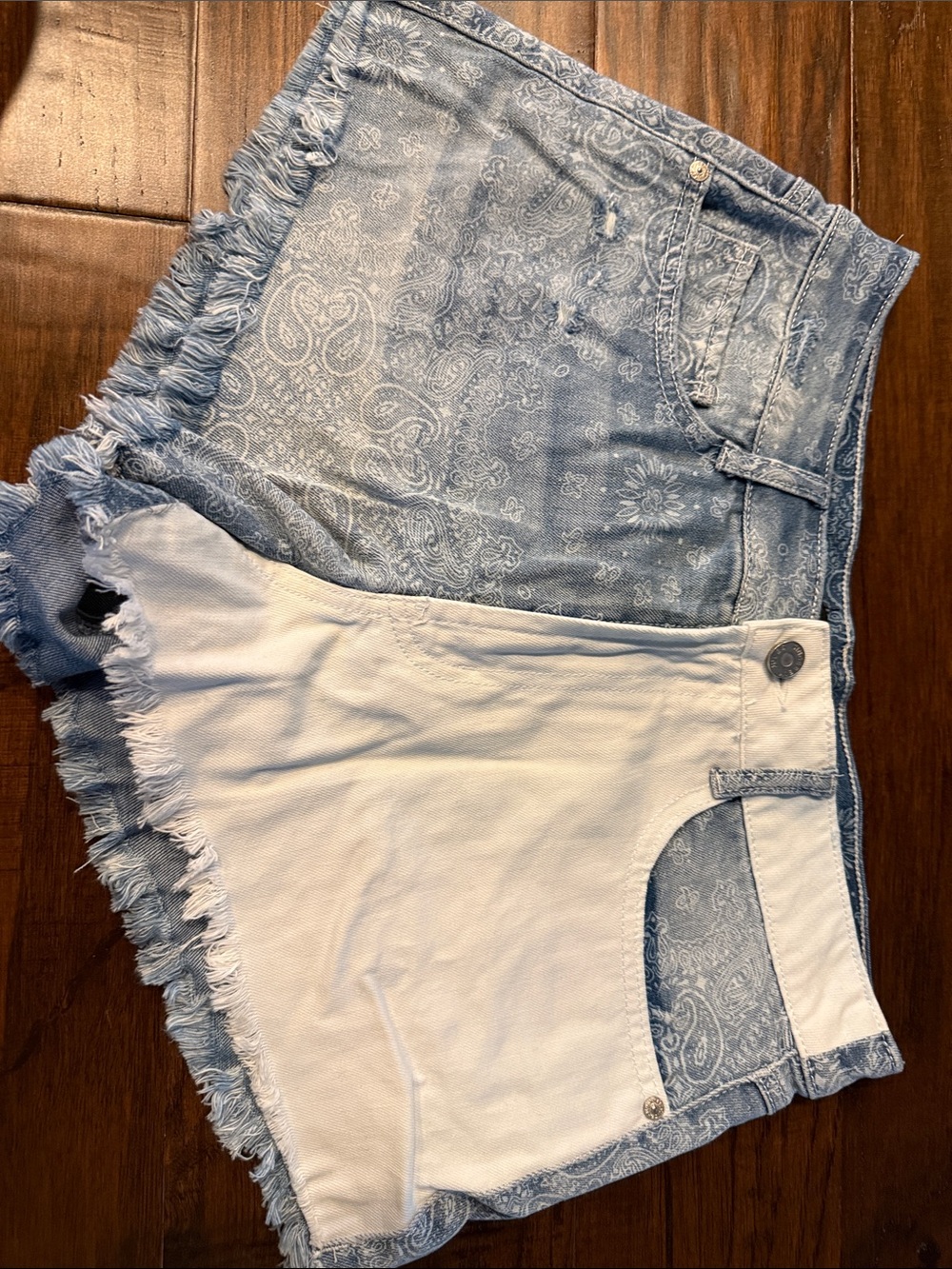 Sincerely Jules Light Blue Paisley Denim Shorts with Frayed Hem